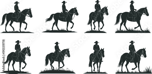 Silhouette horse riding vector illustration with equestrian woman, horseback rider training, jumping, galloping, dressage poses for sports and design artwork