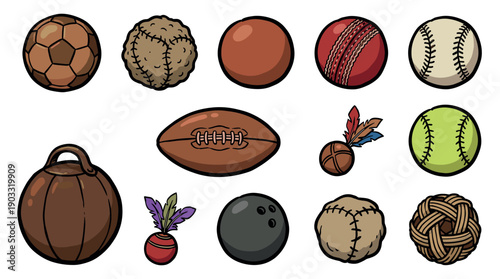 Collection of vintage and historical sports balls including soccer, football, baseball, and cricket illustrations in a colorful cartoon style showing various athletic equipment