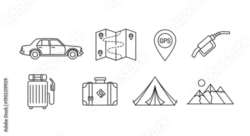 Travel icons set for vacation and road trip planning.