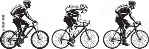   
Silhouette illustration of cyclists riding with helmets and backpacks, showing athletic motion, biking posture, and outdoor commuting for sport, fitness, and editorial design use