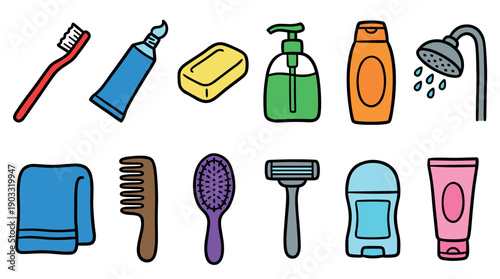Colorful cartoon icon set of personal hygiene and bathroom items including a toothbrush, soap, shampoo, comb, razor, and deodorant in a simple doodle style illustration