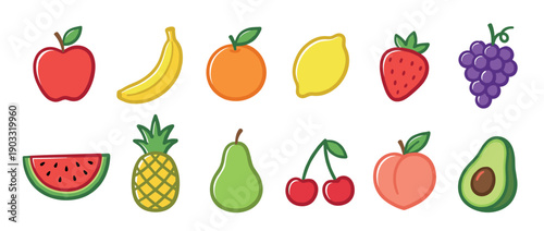 Collection of twelve colorful fruit icons featuring apple, banana, orange, lemon, strawberry, grapes, watermelon, pineapple, pear, cherry, peach, and avocado in a cute cartoon style