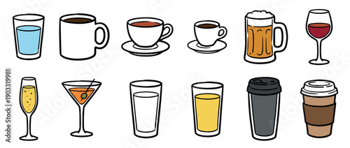 Collection of various drink illustrations in a simple cartoon style showing hot and cold beverages like coffee, tea, water, juice, wine, beer, and cocktails in different glassware