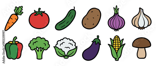 Set of twelve colorful vegetable illustrations in a simple cartoon style with bold outlines, including a carrot, tomato, cucumber, potato, onion, and corn
