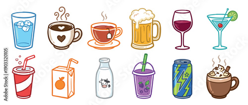 Diverse collection of colorful drink illustrations including coffee, tea, soda, juice, milk, and alcoholic beverages, all drawn in a cute and simple cartoon doodle art style