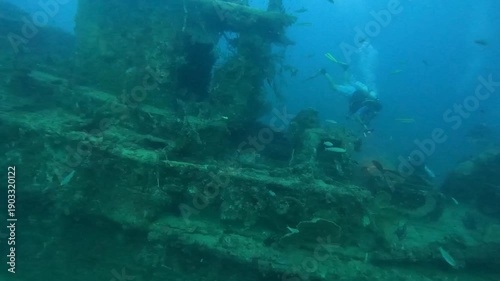 Wallpaper Mural Shipwreck Dive Site in the Maldives with Scuba Divers Exploring the Wreck Torontodigital.ca