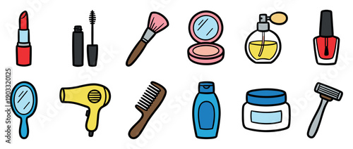 Set of colorful cartoon beauty and hygiene product illustrations including lipstick, mascara, perfume, comb, and hairdryer in a simple doodle style
