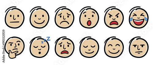 Hand-drawn doodle emoticon set with various expressions showing a wide range of human feelings like happy, sad, angry, and surprised, illustrated in a simple cartoon sketch style