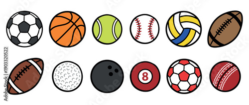 Colorful collection of various sports balls including soccer, basketball, tennis, baseball, and football, illustrated in a simple flat icon style with bold black outlines