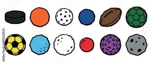 Diverse collection of hand-drawn sports balls and a puck for various team games, illustrated in a colorful and simple cartoon doodle style with bold outlines
