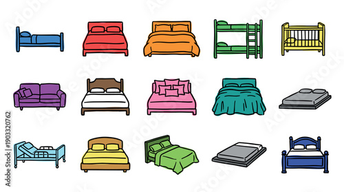 Colorful hand-drawn icon set of various beds and bedroom furniture including a double, single, bunk bed, crib, sofa, and hospital bed in a simple doodle cartoon style