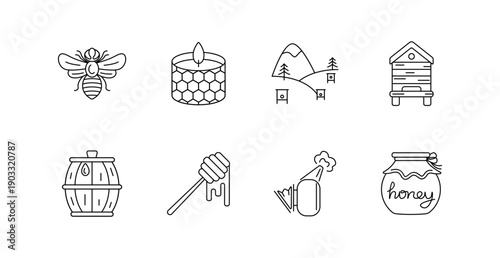 Beekeeping set icon. Bee, hive, honey jar, candle, forest, barrel, smoker, apiary, honeycomb, wooden box, tool, beehouse, production, nature