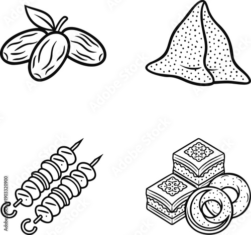 A black and white illustration of various foods including nuts, samosas, kebabs, and pastries.