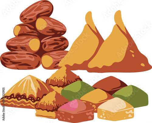 A colorful illustration of various traditional sweet and savory pastries and dates