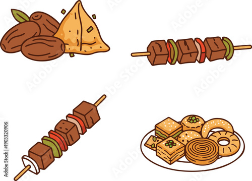 A colorful illustration of various Indian snacks and desserts on a white background