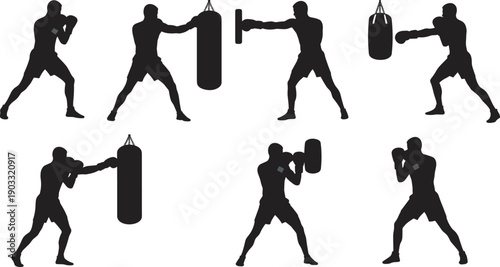 Silhouette of boxer training with punching bag, practicing boxing techniques, martial arts workout, fitness exercise, combat sports illustration concept