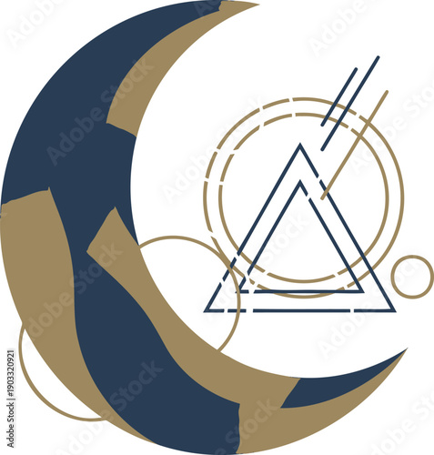 A modern abstract logo design featuring a crescent moon and geometric shapes