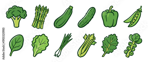 Collection of twelve green vegetable illustrations featuring broccoli, asparagus, zucchini, bell pepper, peas, spinach, and celery in a simple, hand-drawn cartoon style for healthy eating concepts