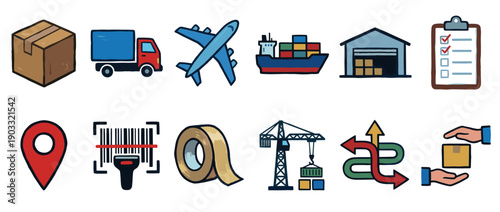 Set of colorful hand-drawn logistics icons representing various stages of shipping, including a truck, airplane, cargo ship, warehouse, and delivery symbols for supply chain management concepts