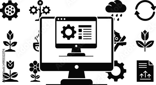 Modern technology workflow concept, computer monitor with settings gear icons, automation system, digital process management, flat vector illustration