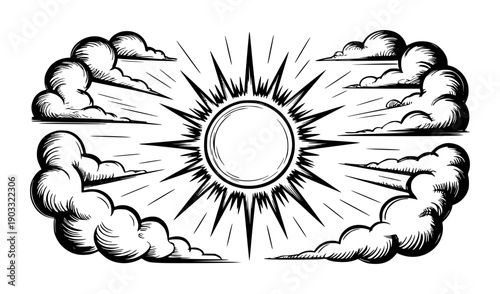 Black and white sunburst with clouds white background rays light