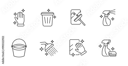 Cleaning set icon. Glove, trash bin, wiper on glass, spray bottle, bucket, showerhead, hand wiping mirror, brush with bottle drawn in tidy sanitation style.