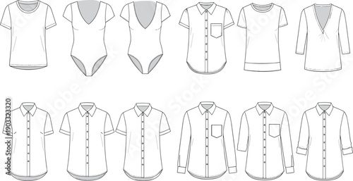 CAD drawing flat vector illustration of assorted women’s tops shirts bodysuits blouse fashion garment template with front and back