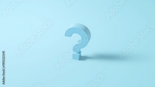 3D blue question mark symbol standing on platform against soft blue background, suggesting query, doubt, mystery, and seeking solutions and answers