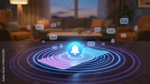 Smartphone displaying notification icons with sound waves emanating from a blue bell symbol, set in a cozy living room with a sofa and window view