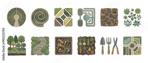 Large collection of gardening and landscaping illustrations featuring garden plans, tools, plants, vegetables, compost, and an irrigation system in a flat, stylized design