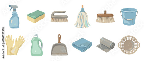 Set of household cleaning supplies including a mop, bucket, sponge, and gloves, illustrated in a simple, flat cartoon style for domestic chores and hygiene concepts