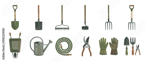 Large collection of various gardening tools including a shovel, rake, fork, wheelbarrow, watering can, hose, and gloves, all presented in a flat, painterly illustration style