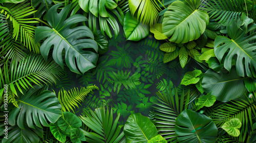 A lush green jungle with many different types of plants and leaves