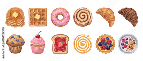 Collection of illustrated breakfast foods and sweet pastries like pancakes, waffles, donuts, croissants, and muffins, shown in a colorful and appetizing vector style