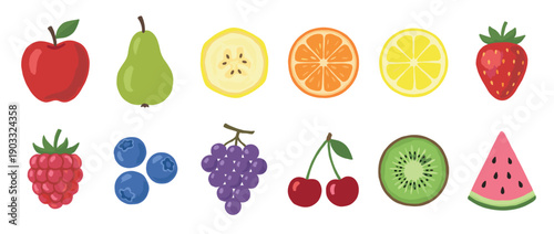 Colorful collection of various fruit illustrations featuring apple, pear, citrus, berries, grapes, and watermelon in a simple flat cartoon style for healthy food concepts