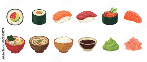 Set of traditional food illustrations featuring sushi rolls, nigiri, ramen, udon noodles, rice, soy sauce, wasabi, and pickled ginger in a simple, colorful graphic style