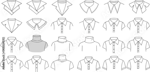CAD drawing flat vector illustration of various shirt collar styles, technical fashion sketch, apparel design template, black and white outline