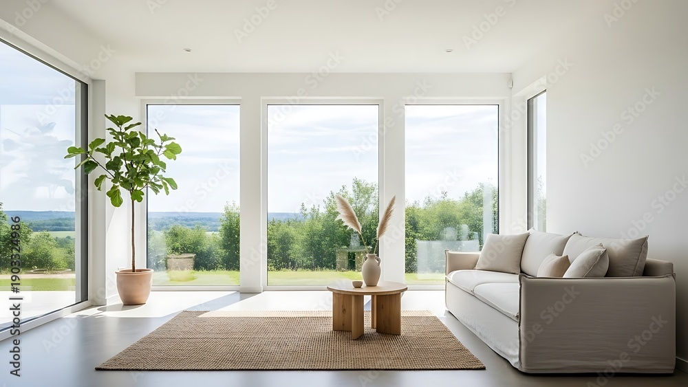 Fototapeta premium Modern living room with large windows and a view