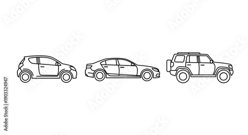 Three different types of cars shown in outline drawing.