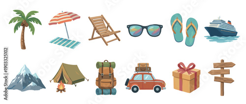 Collection of travel and vacation illustrations featuring beach holiday items, mountain camping gear, a road trip car, and a cruise ship in a colorful, flat cartoon style