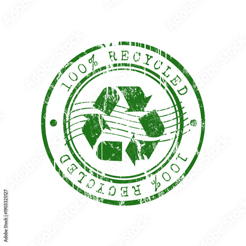 100% Recycled green rubber stamp with recycle symbol and grunge effect - vector illustration