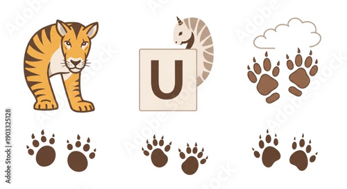 Tiger Paw Prints and Alphabet Letter U Illustration.