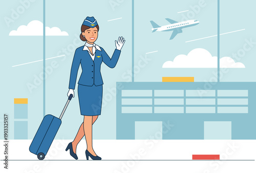 A flight attendant with a suitcase in an airport terminal