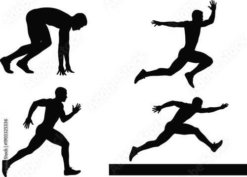 Athlete Sprint Silhouette Collection, Dynamic Running and Jumping Poses, Track and Field Sports Action Isolated on White Background
