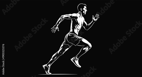 Athletic man running sprint silhouette, muscular fitness training concept, dynamic motion illustration, sports performance, isolated black background vector