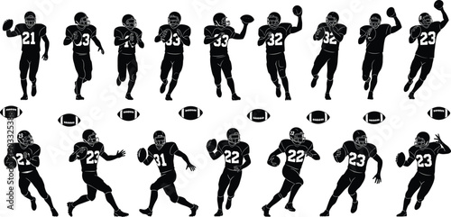American Football Player Silhouette Collection, Quarterback Running and Throwing Ball Action Poses, Sports Illustration Isolated on White Background