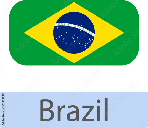 Brazil national flag badge with Brazil inscription. Vector flag of Brazil, push button