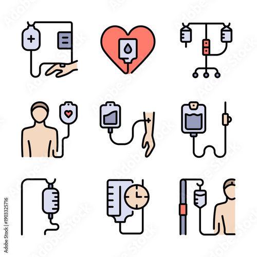 Flat Hospital Care Icon Set: Infusion Therapy Symbols for Patient Education and Clinical Materials