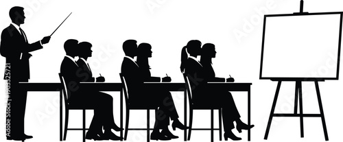 Business training session silhouettes, corporate presentation with flip chart, professional seminar concept, office workshop meeting, isolated vector illustration