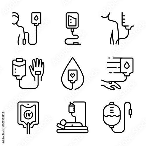 IV Therapy and Infusion Icon Set: Saline Drip, Pump, Syringe, Needle and Tube for Hospital Procedure and Recovery Care